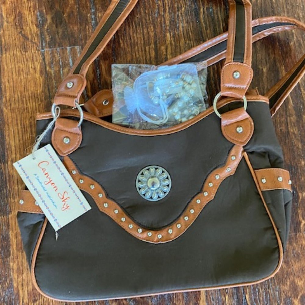 NWT * Canyon Sky SOUTHWEST Brown SHOULDER BAG Concho + Tigers Eye PEARL Necklace